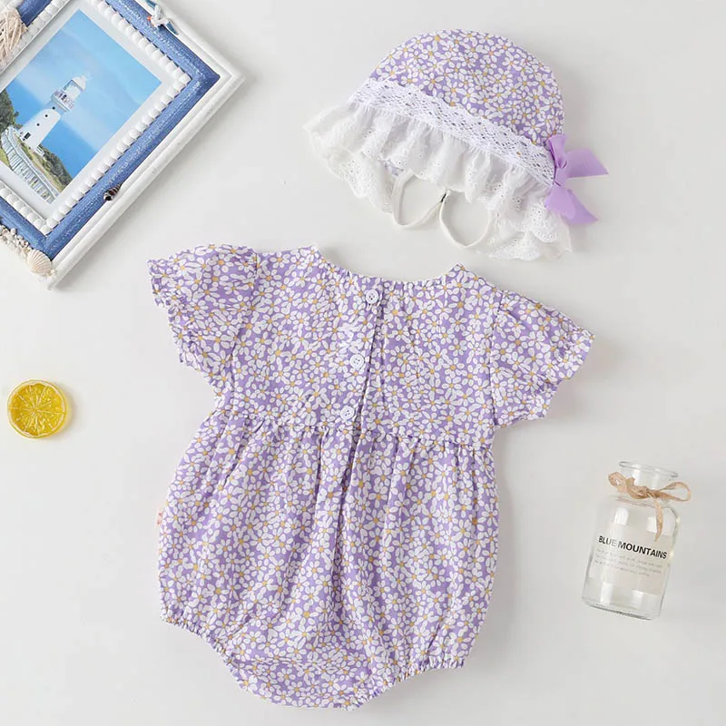 Lace Stitching Flower Printing Bodysuits+Hat Summer Infant Baby Girls Jumpsuit Cotton Short Sleeve Baby Girls Clothes