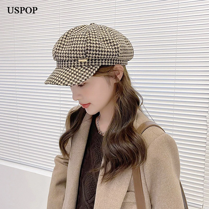 USPOP-sombreros octogonales a cuadros para mujer, gorros suaves para otoño e invierno, 2021