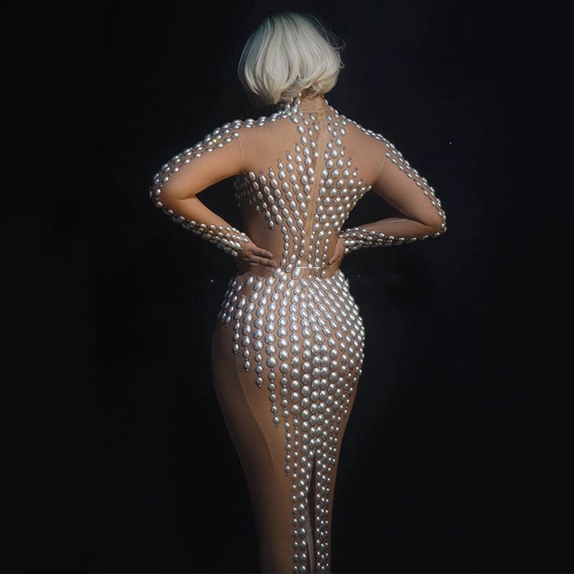 

Стразы Жемчуг День Рождения Празднование вечерних платьев Сексуальное длинное платье с жемчугом вечерние девушки певица сценический танцевальный костюм