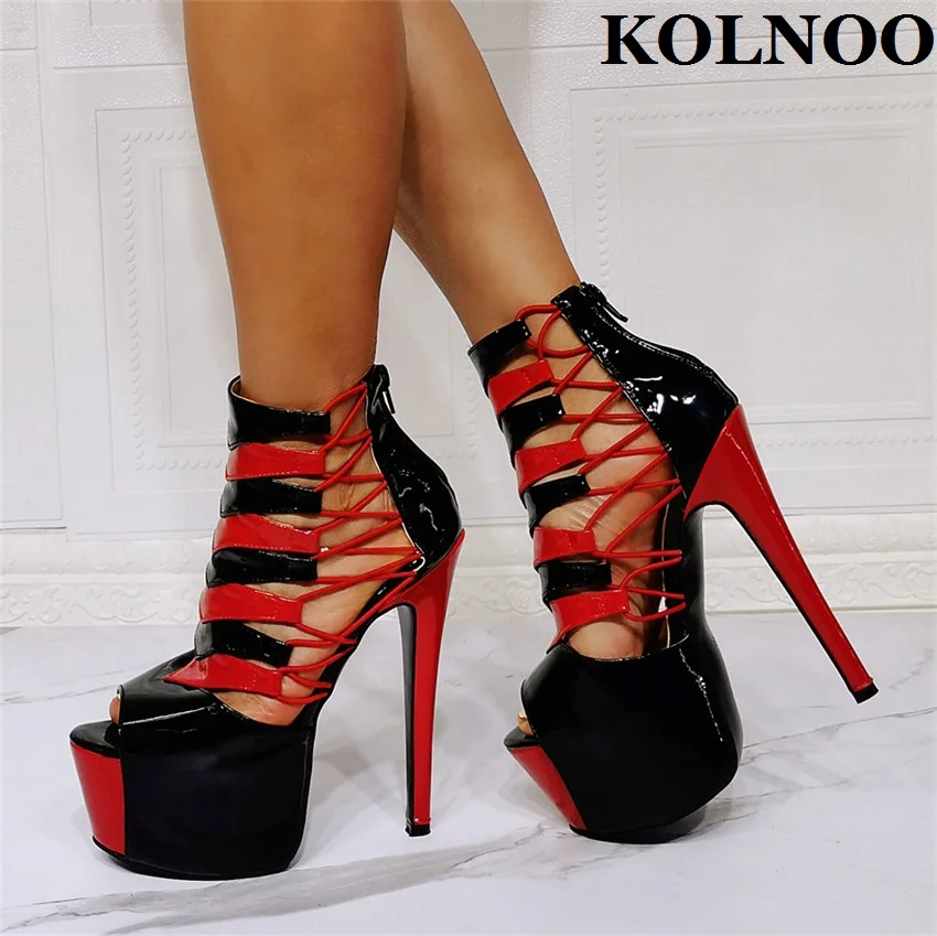 Kolnoo New Classic Ladies High Heeled Sandals Real Photos Patent Leather Peep-toe Party Prom Shoes Sexy Evening Fashion Shoes