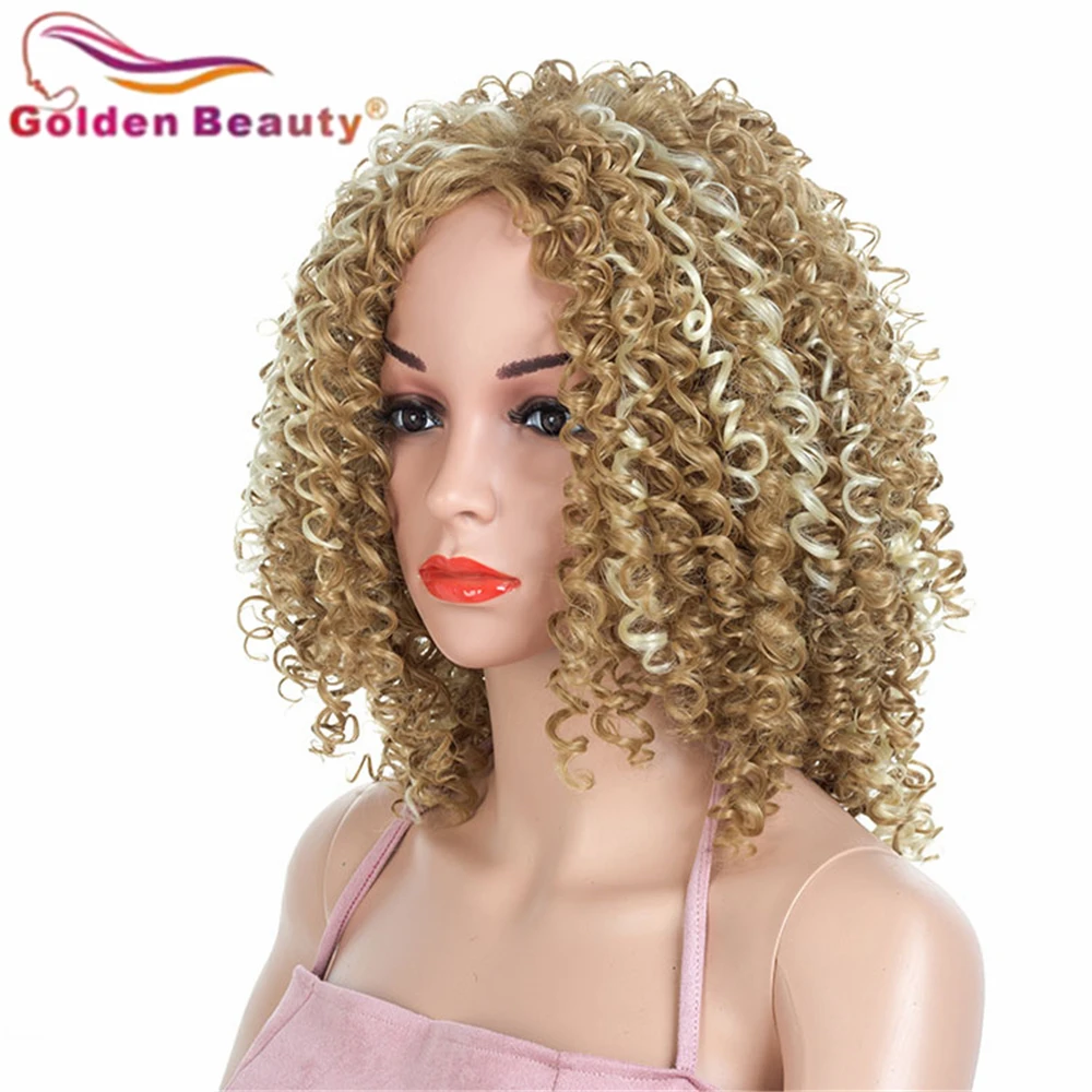 Golden Beauty 20inch Synthetic Short Hair Wig High Temperature Fiber Afro Kinky Curly Ombre Mix Blonde And Brown For White Women