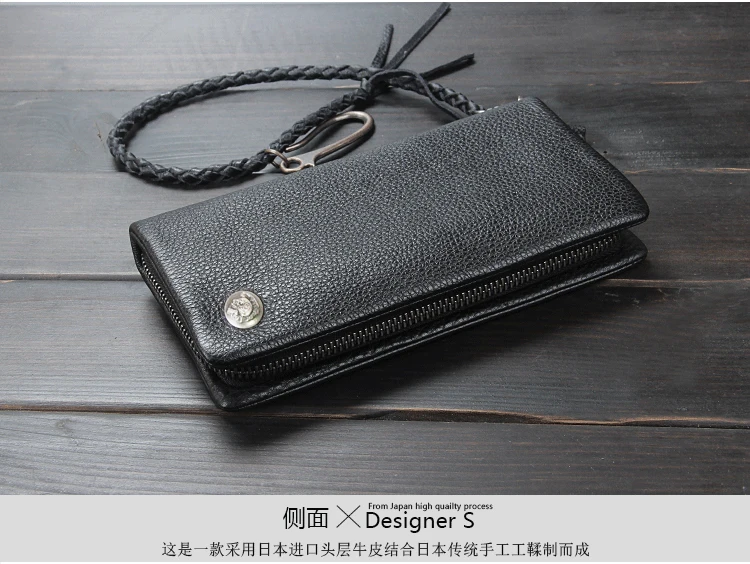 Fashion PUNK Rivet Chain Genuine Leather Wallet Men Long wallet Male Purse Clutch Bag Money clip Phone Case Black WL009