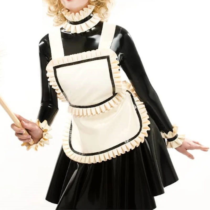 Sexy French Maid Latex Dress With Strips On Big Apron Zipper At Back Rubber Uniform Bodycon Playsuit LYQ-0235