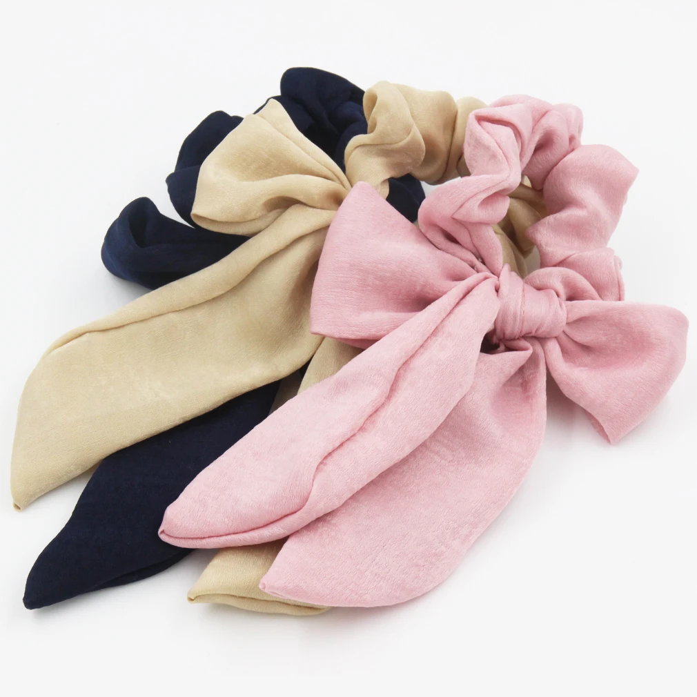 Vintage Solid Color Satin Bow Hair Ribbon Scrunchie For Women Girls Long Elastic Hair Tie Headwear Female Hair Accessories