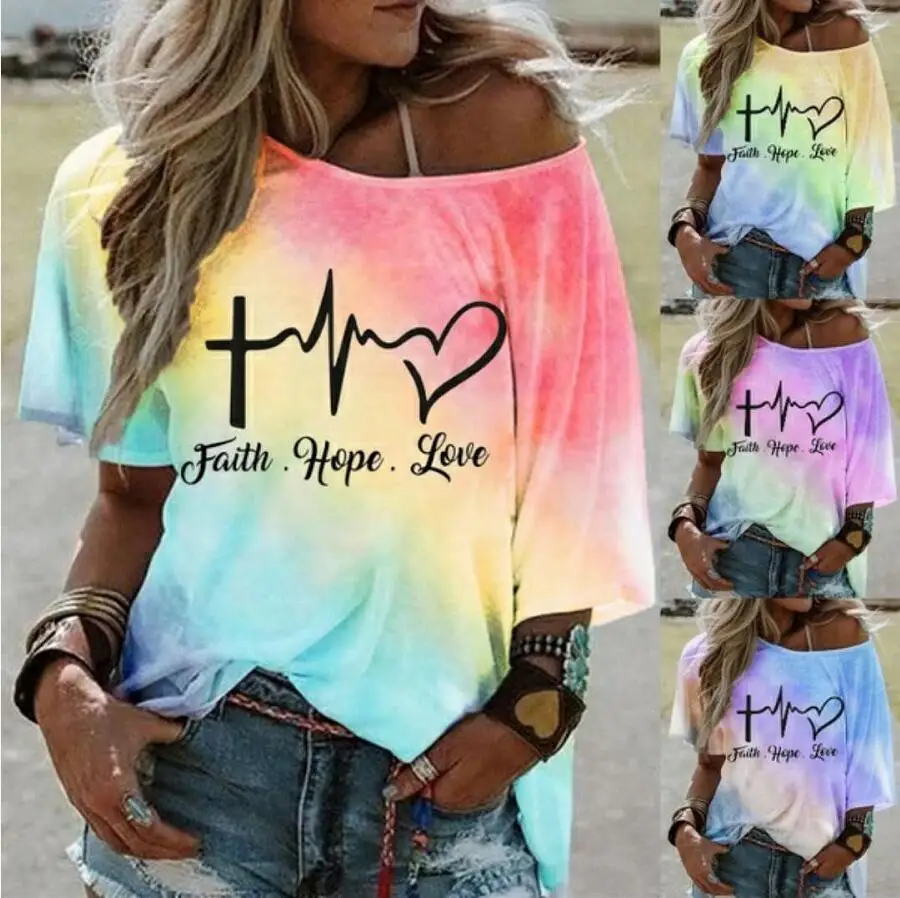 Large size Top Sexy Off Shoulder Summer Gradient Tshirt Women Print Casual Summer Short Sleeve O-neck Pullovers Tops Street Tee