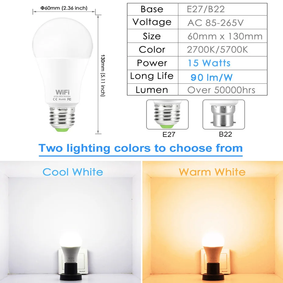 Smart WiFi Light Bulb 15W Dimming Brightness E27 Base E26/ B22 LED Bulbs APP Remote Voice Compatible With Alexa Google Home