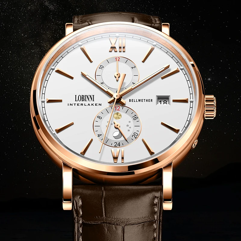 LOBINNI Top Brand Men's Automatic Mechanical Watches Rose Gold Tone Watch Brown Leather Band Waterproof Wrist Watch