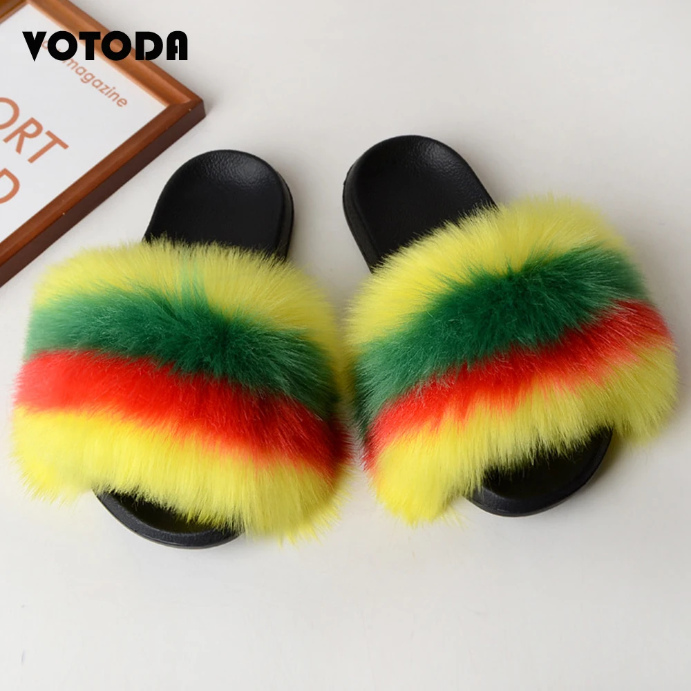 Women Furry Slippers Faux Fur Slides Mixed Colors Rainbow Flip Flops Fashion Girl Cute Plush Shoes Fluffy Shoes Woman Slides