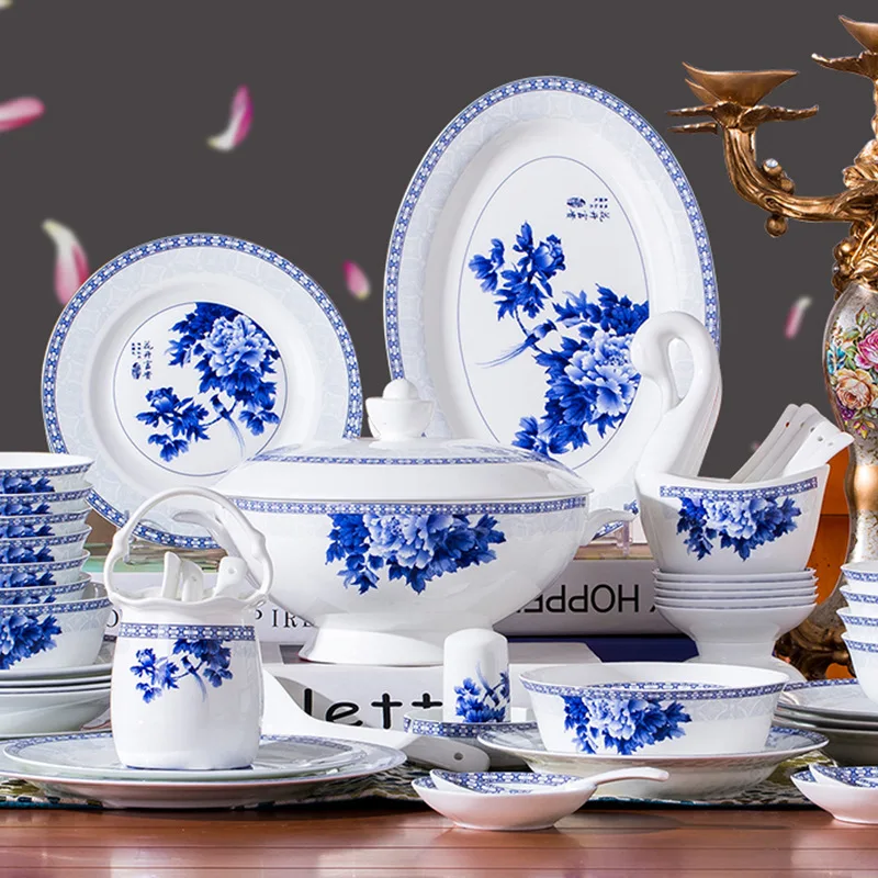 Tableware set, bowl and plate, enamel, Jingdezhen high-grade Phnom Penh blue and white porcelain, bone china tableware, soup bow