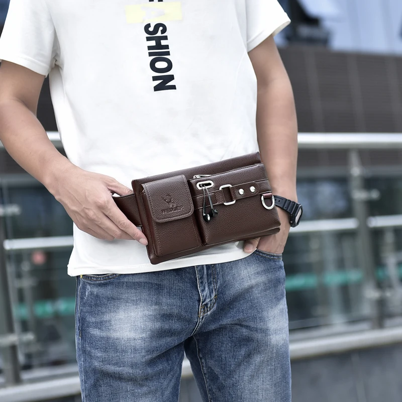 Men's Waist Packs Fanny Bags Solid Color Multipurpose PU Leather Chest Bag Fashion Black/Brown Crossbody Bags