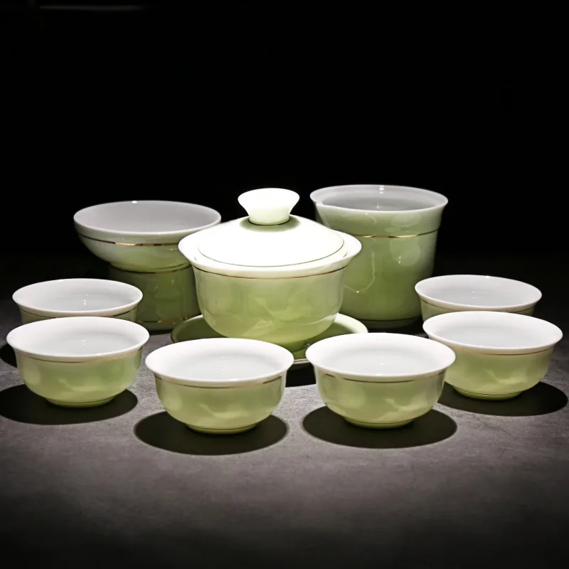 9pcs Travel Tea Set Ceramic Teaset Portable Celadon Green Porcelain Teacup Set Kongfu Teacup Set with Lid