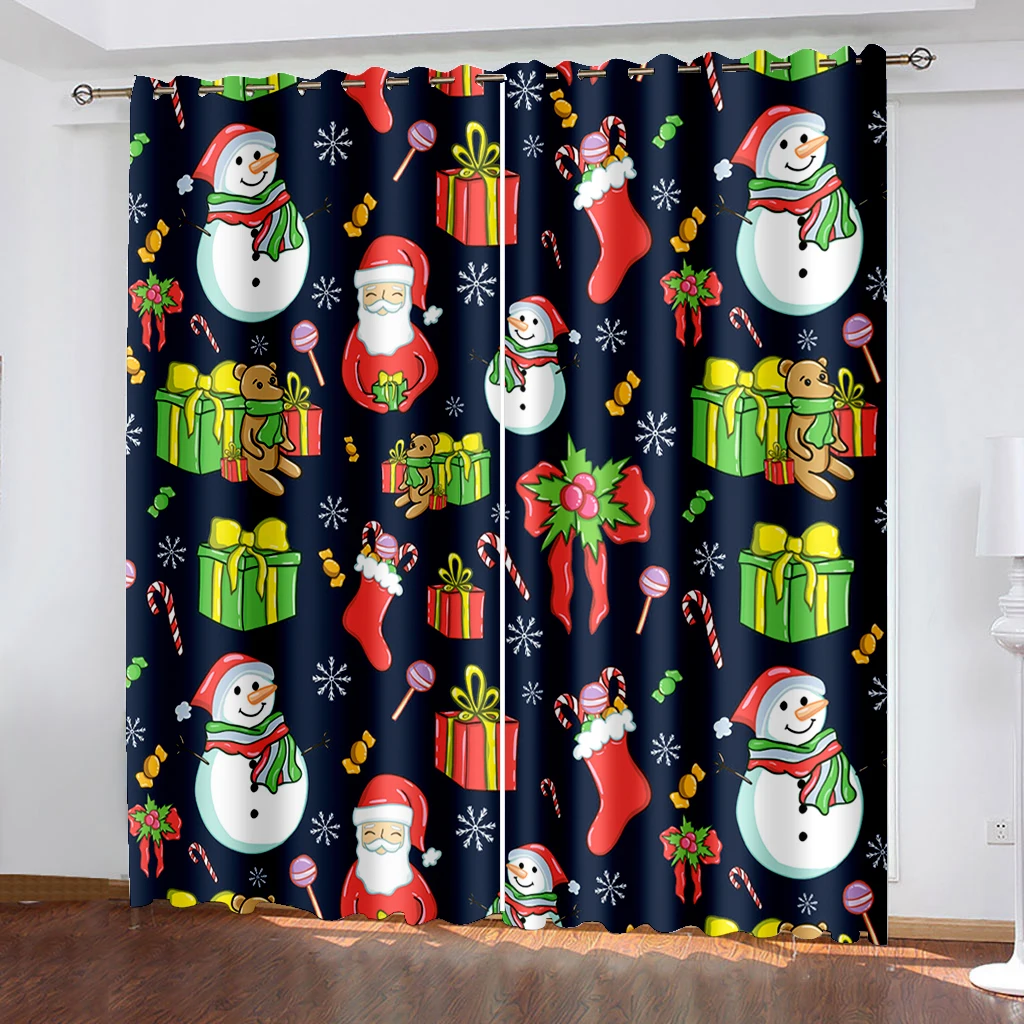 Christmas Decoration Curtain 3D Santa Claus Polyester Fabric Curtain Snowman Pattern Festive Atmosphere