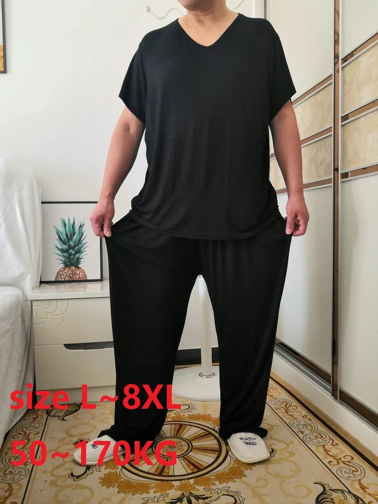 

Men Pajamas Sets Top and Pants Summer Modal Home Wear Set Plus Size 7XL 8XL oversize Soft Casual Sleep Wear Short Sleeve Stretch