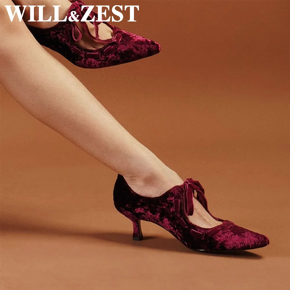 Will & Zest scarpe da sposa per donna sposa 2020 nuova donna Scarpin donna tacchi alti Sexy stringate velluto coreano viola scarpe Vintage