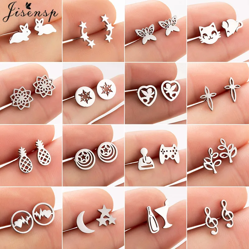 Korean Small Stainless Steel Earrings Simple Jewelry Punk Rabbit Leaf Music Star Moon Earings Snowflake Christmas Studs Gift