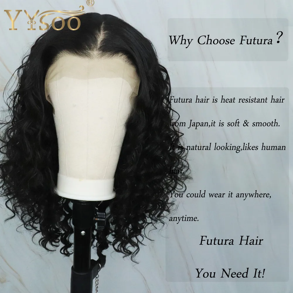 YYsoo Long Black Kinky Curly Futura Synthetic Hair T Part Wigs For Women Heat Resistant Fiber Wig High Density Natural Hairline