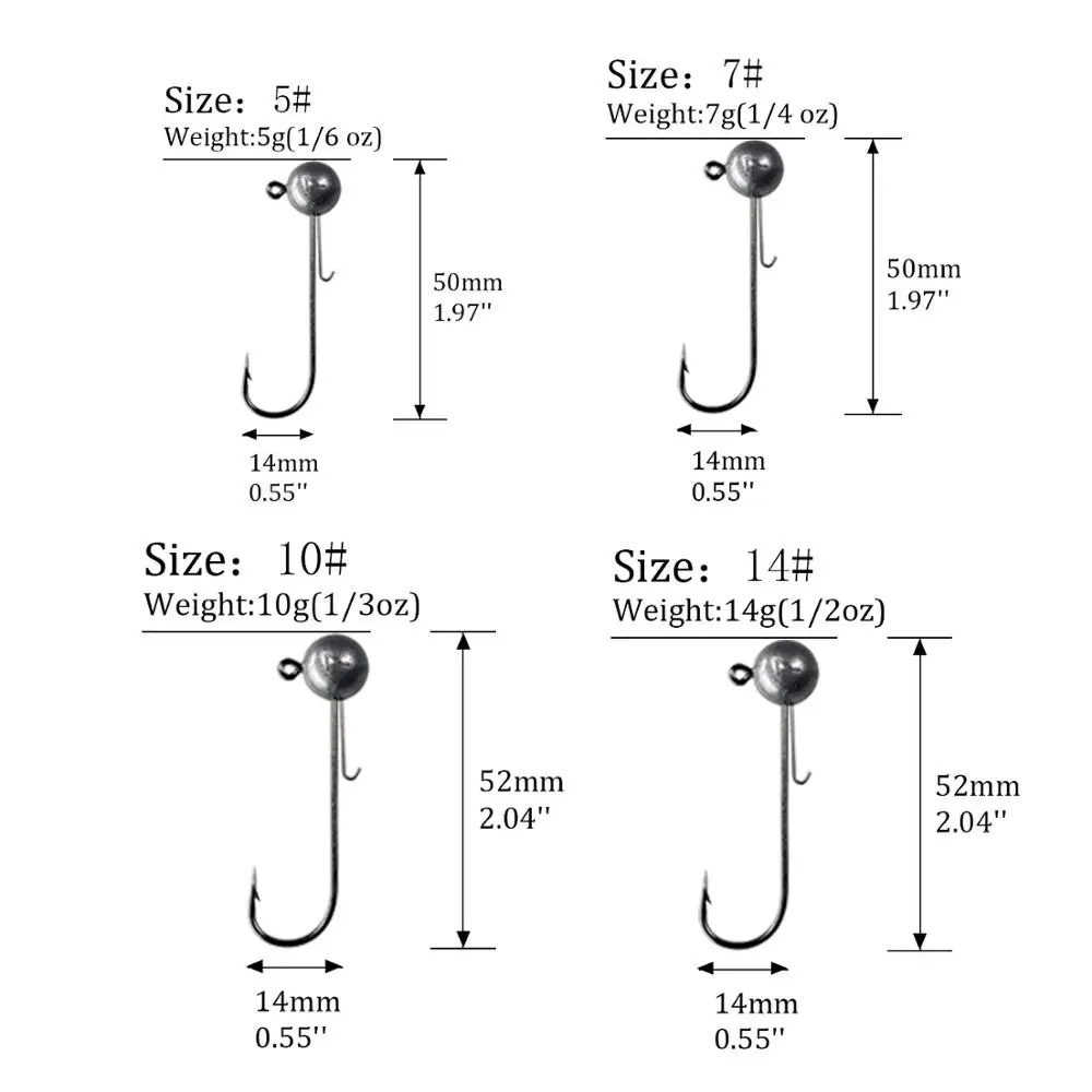 5pcs Lead Head Fishing Hooks 14g Weedless Jig Head Barbed Hook For Soft Worm 5g 7g 10g Leads Spherical Head Fish Hooks