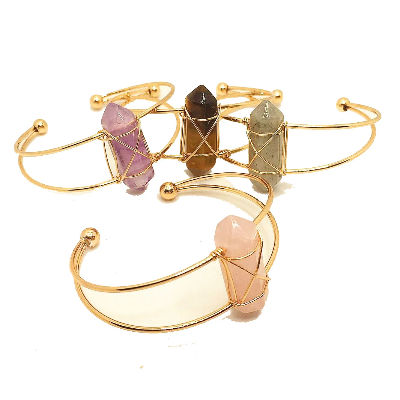 Natural Quartz Stone Reiki Healing Rock Crystal Hexagonal Column Bracelet Wire Wrapped Stone Bangles For Womens Girls Ladies 1PC