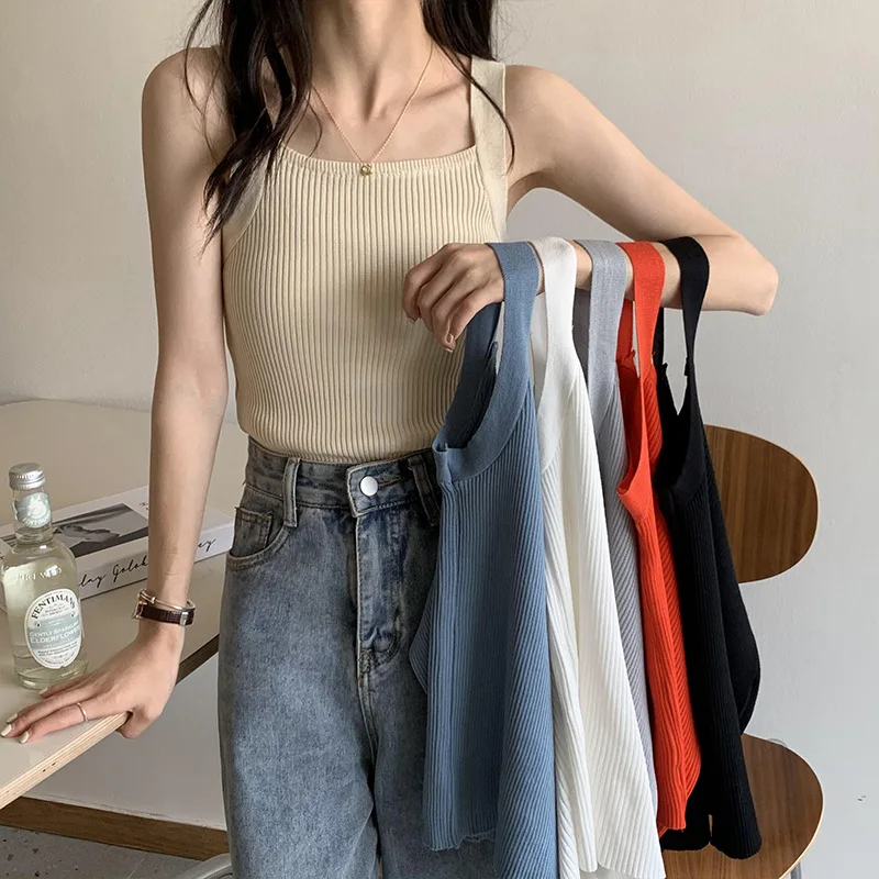 

Y2k Top Women 2021 Summer Knitting Sleeveless Slim Crop Top Ice Silk Sling Casual Black External Wear Inside Vintage Clothes