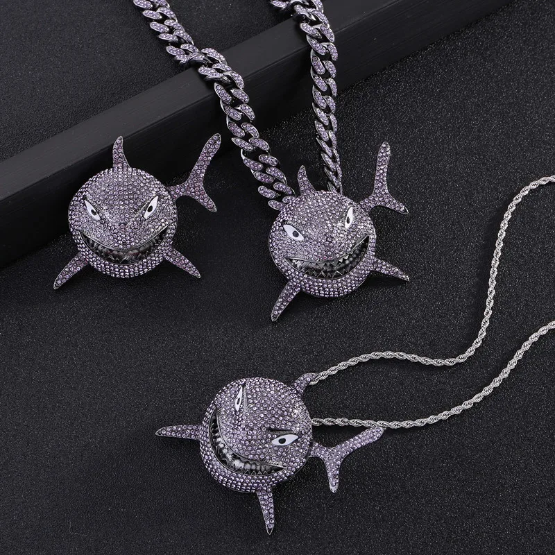 

Large Shark Pendant Micro Inlaid Diamond Exaggerated Hip Hop Cuban Link Chain Twist chain Necklace Charm Jewelry Choker Necklace