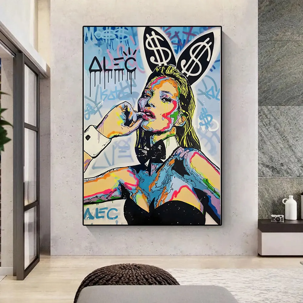 Pop Art Kate Moss Bunny By Alec Monopoly Canvas Painting  Graffit Poster And Prints Home Decor Wall Art Decoration Pictures