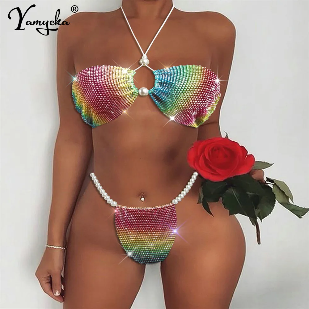 Sexy micro string strass due 2 pezzi bikini set costumi da bagno donna perizoma mini bikini push up cover abbigliamento da spiaggia bikini costume da bagno