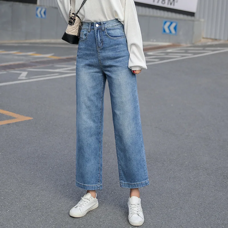 Jeans Wanita Pinggang Tinggi Lebar Musim Gugur Celana Retro Longgar Pakaian Wanita Biru Mode Tipis Jeans Longgar Kaki Lebar