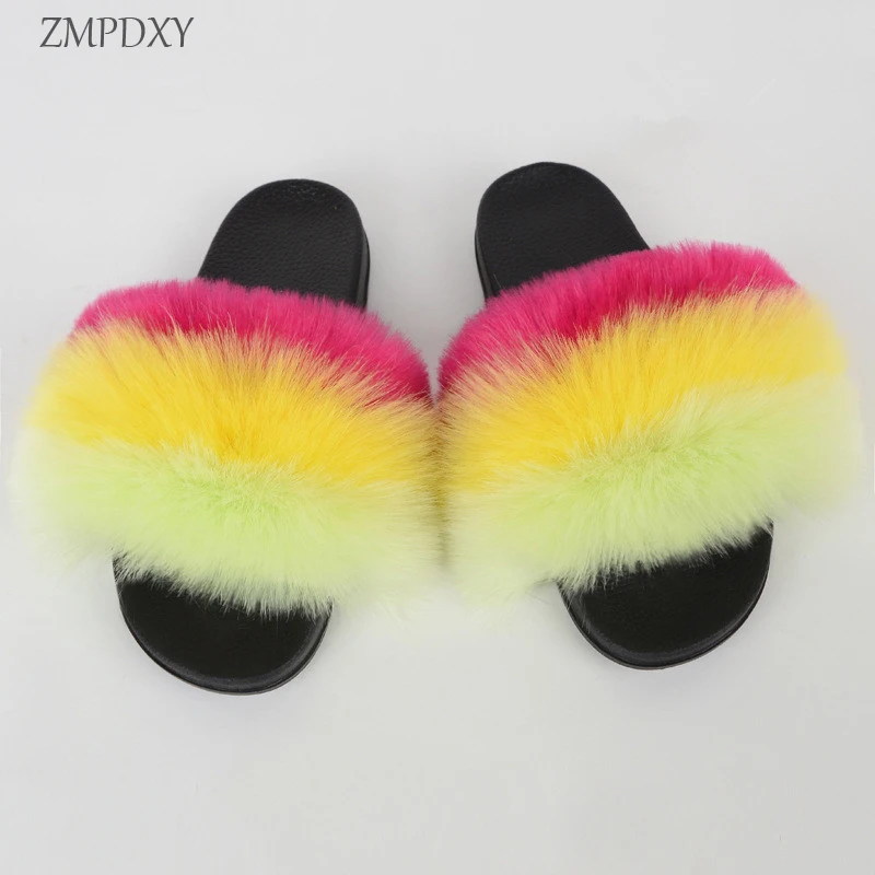 New Design EVA Fluffy Shoes Ladies Home Warm Slippers Faux Fox Fur Slide Plush Slipper Furry Fake Fur Sandals Women Shoes Vendor