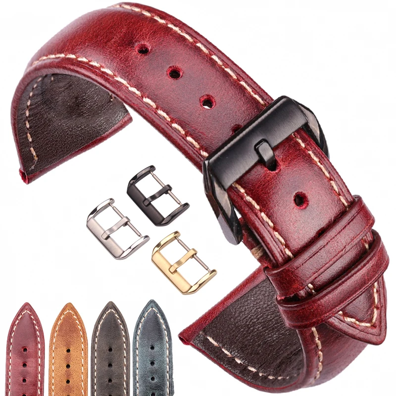 Oil Wax Genuine Leather Watch Strap Band Women Men Cowhide Watchband 18 20 22 24mm Clock Bracelet Blue Red Yellow Green Belt