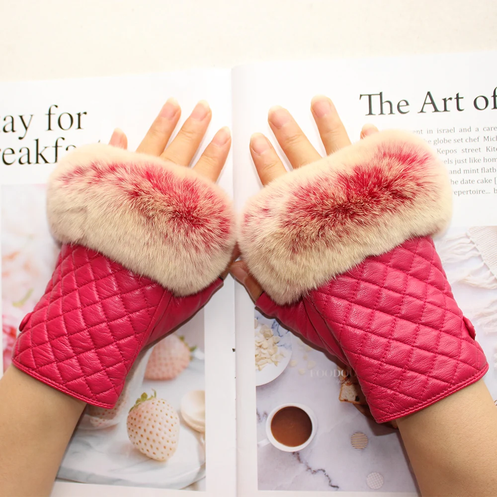 New female half-finger leather gloves spring and autumn student riding short rabbit fur rayon lining girl fashion driving gloves