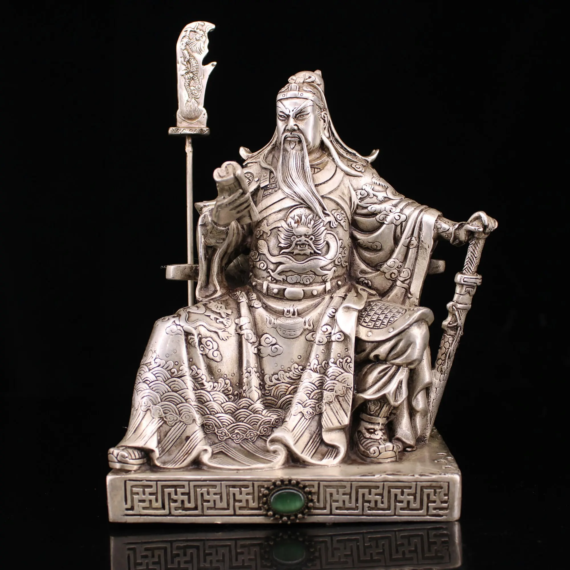 

9"Tibetan Temple Collection Old Bronze Gilded Silver Mosaic Gem Guan Gong Statue God of War Guan Yu Gods immortals Worship Hall