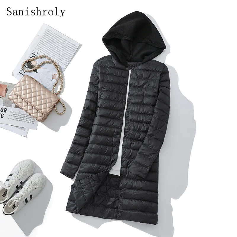 Ultra Licht Weiße Ente Unten Jacke Parkas Neue Frauen Gestrickte Pactwork Mit Kapuze Mantel Weibliche Große Größe 3XL Herbst Winter Lange outwears