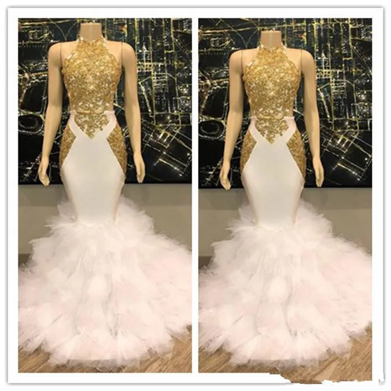 Robe de bal de forme sirène en Tulle doré et blanc, magnifique tenue de soirée formelle, à volants, photos réelles