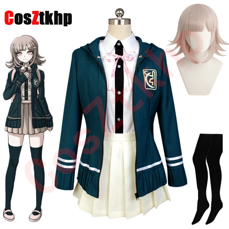 Anime Danganronpa Nanami Chiaki Cosplay Kostuum Lange Mouwen Jas Korte Rok Loli Rok Hoge Scholieren Uniform Pruik