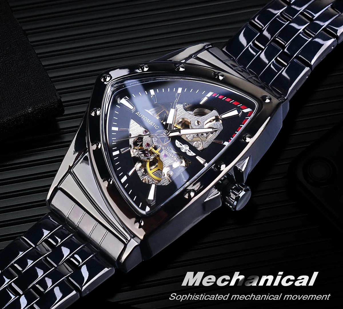 WINNER Black Skeleton Mechanical Watch Man Triangle Automatic Watches Stainless Steel Irregular Wristwatch Transparent Back Case