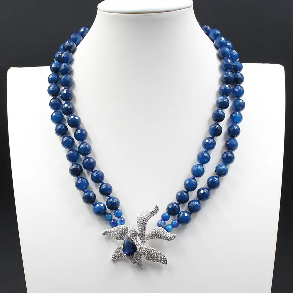 GuaiGuai Jewelry 19\'\' 2 Rows Natural Blue Agate Necklace CZ Flower Pendant For Women