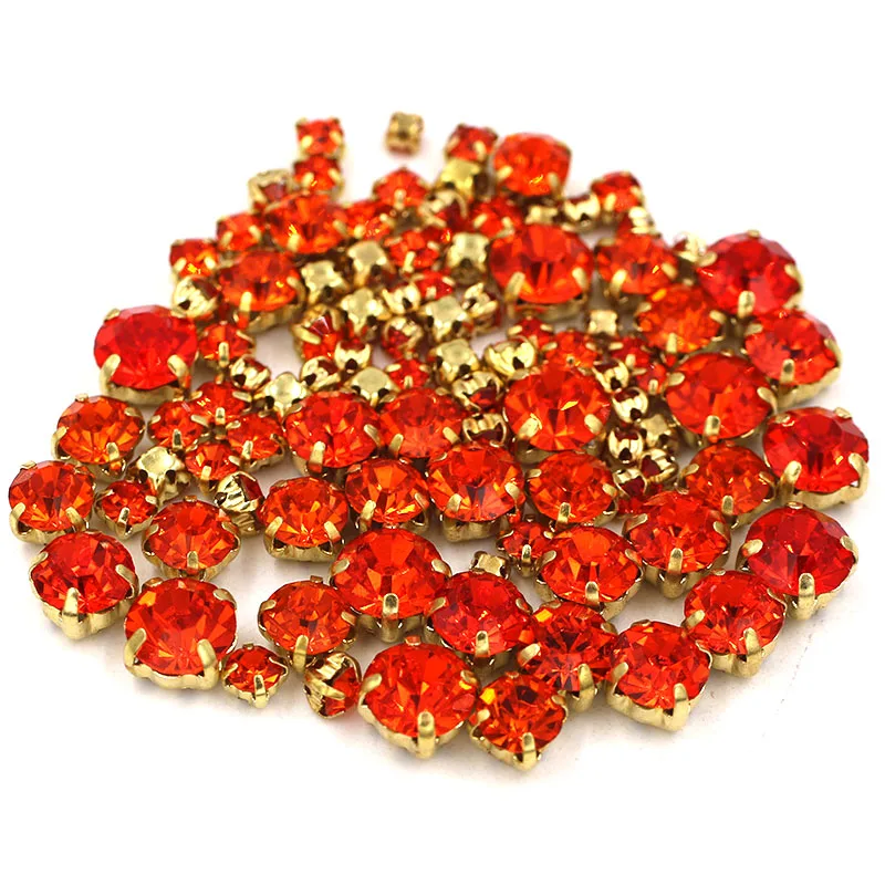 New arrival 100pcs/bag Mixed size glass strass crystal beads gold base sewing orange rhinestones diy Wedding decoration