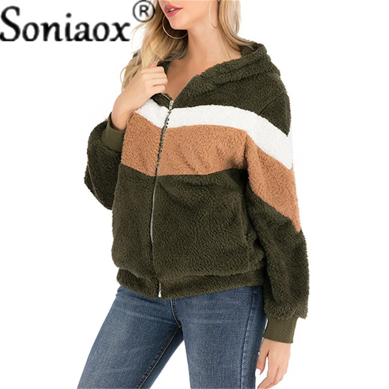 

2021 Winter Autumn Women Plush Coat Fashion Hooded Zipper Jackets Casual Loose Patchwork Stripe Faux Hair Warm Ladies Sweatshirt