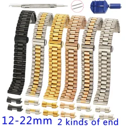 Stainless Steel Watch Strap 12 13 14 16 17 18 19 20mm 21 22mm Watch Band 3Rows Flat Curved End Replacement Watchbands with Tools