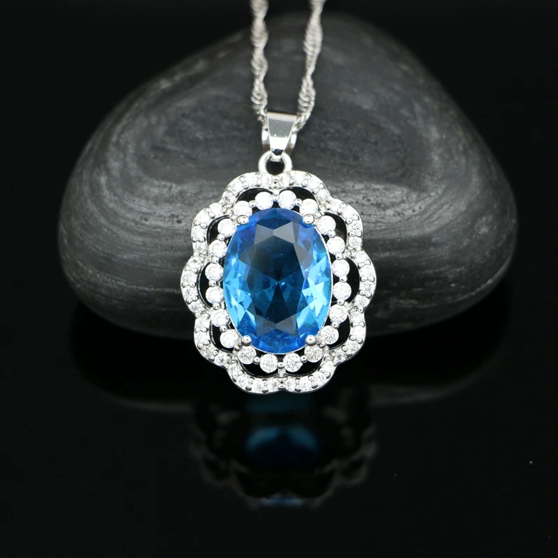 Silver 925 Pendant Necklace for Women Sky Blue Cubic Zirconia White Crystal Party Accessories