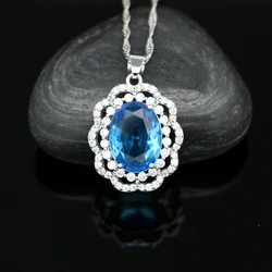 Silver 925 Pendant Necklace for Women Sky Blue Cubic Zirconia White Crystal Party Accessories