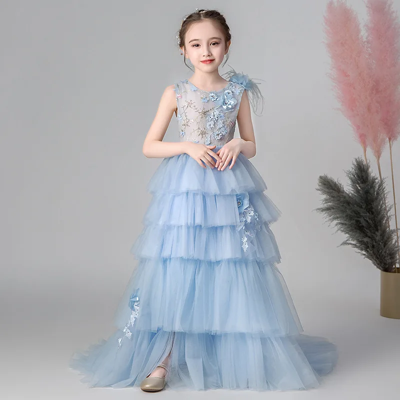 Fancy Flower Girl Wedding Dress with Train 2024 Children Performance Robe Kids Long Mermaid Tulle Dresses Girl Boutique Clothes