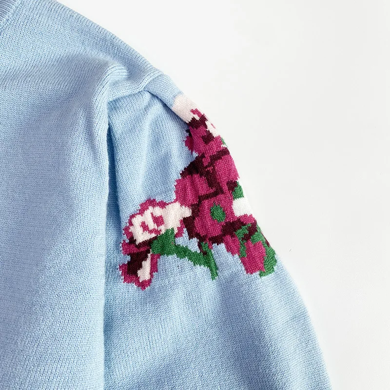 Runway New Oversize Flower Embroidery Pullover Blue Lantern Sleeve Women Sweater Knit Pullover 2023 Designer Vintage Clothes