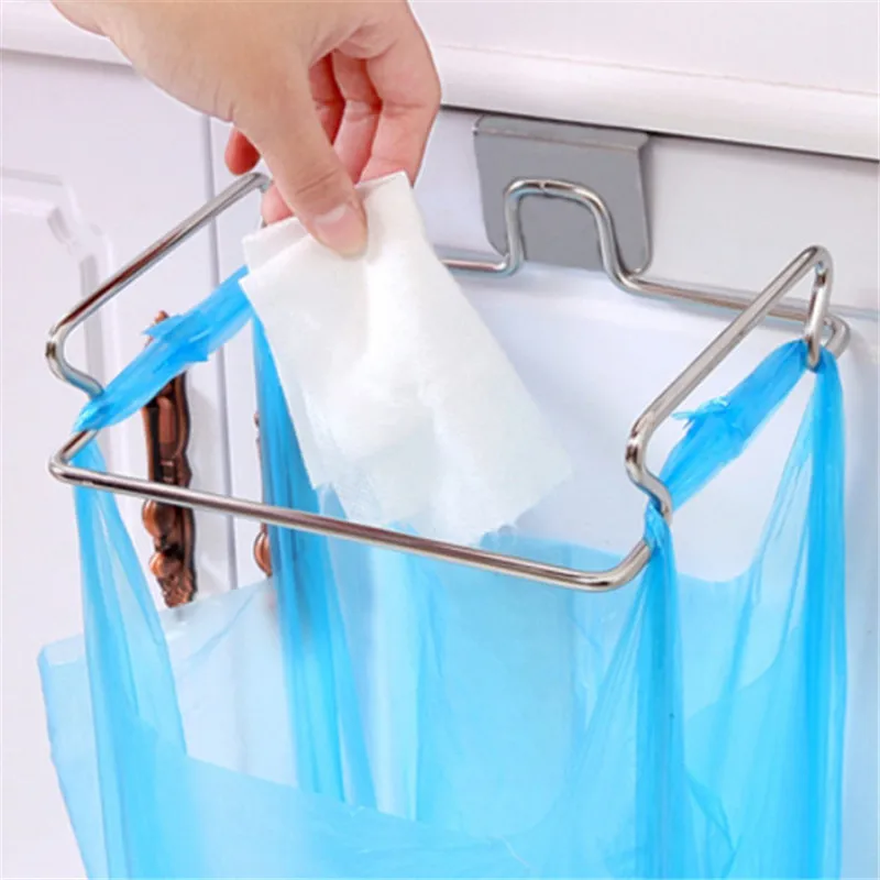 Stainless Steel Kitchen Trash Bag Holder Door Hook Garbage Bags Hanger Cupboard Stand Support Storage Rack Kitchen Accessories