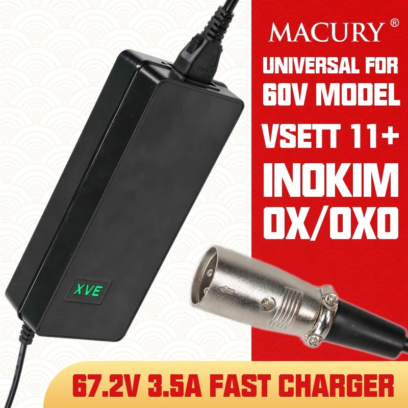 

XVE XLR Cannon 3-Pin 67.2V 3.5A AC/DC Li-Ion Battery Fast Charger for 60V VSETT 11+ INOKIM OX OXO Electric Scooter Quick Adapter