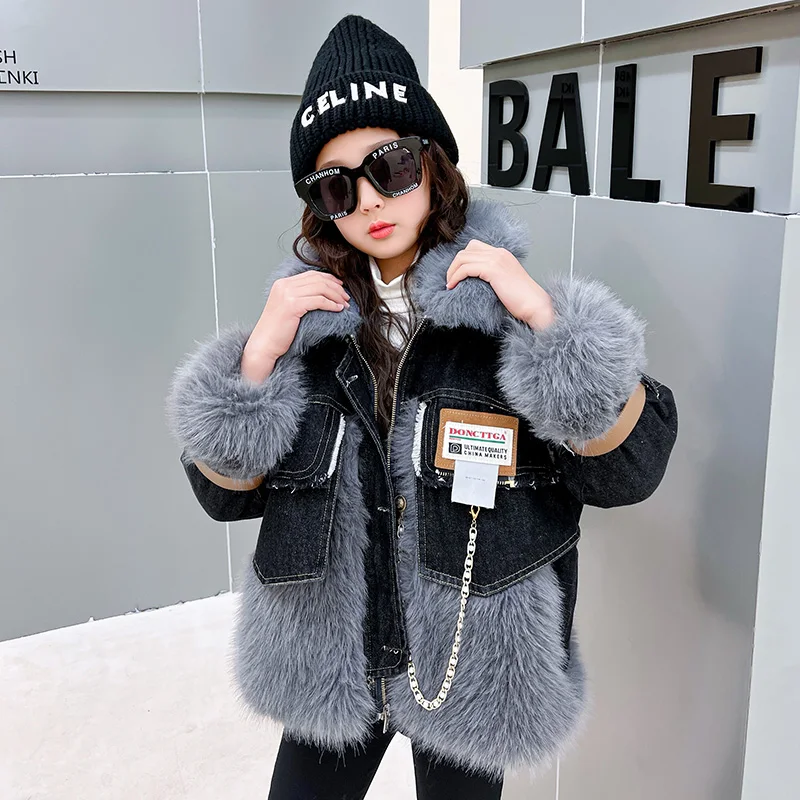 Warm Jacket For Girls Fur Coats For Children\'s Clothes Winterwear Denim Patchwork Girl\'s thick warm Jacket Fashion Faux Fur Coat