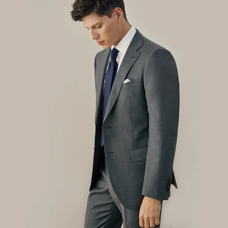 100% Wool Grey Suit Men Wedding Groom Wear Single Breasted Business Man Daily Dress Formal Slim Style 44A Teenagers Suits