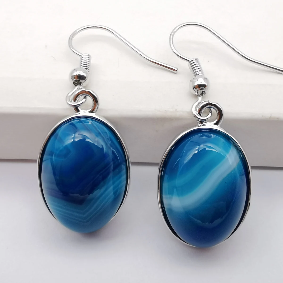 Blue Veins Agate Stone Oval Beads Dangle Earrings Jewelry For Woman Gift T266