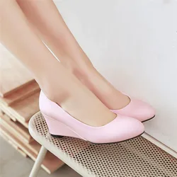 YQBTDL Sweet Cute Pink Sky Blue White Black Daily Party High Heels Shoes Wedge Shoes Plus Size Shallow Womens Wedges Pumps 2022