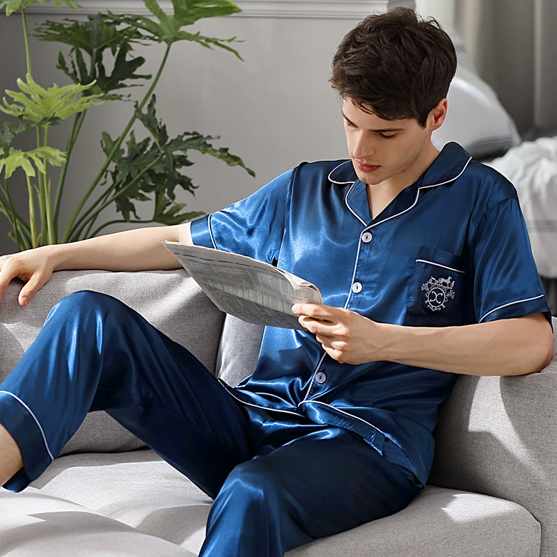 Sleepwear Male Summer Short Sleeve Long Pants Ice Silk Two-Piece Pajama Sets Blue Thin Men Pyjamas Homewear 9008B